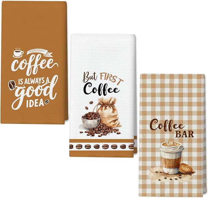 WwongxianB Funny Coffee Kitchen Towels Decorative Set of 3, Farmhouse Brown Tea by WwongxianB
