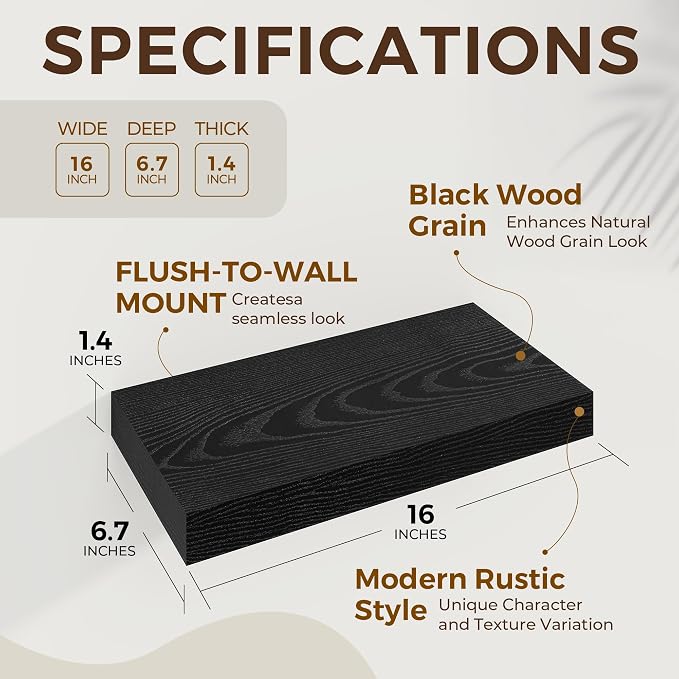 Dreamland 16 Inch Long Floating Shelves in Black, 6.7 Inch Deep Floating Shelf - Image 5