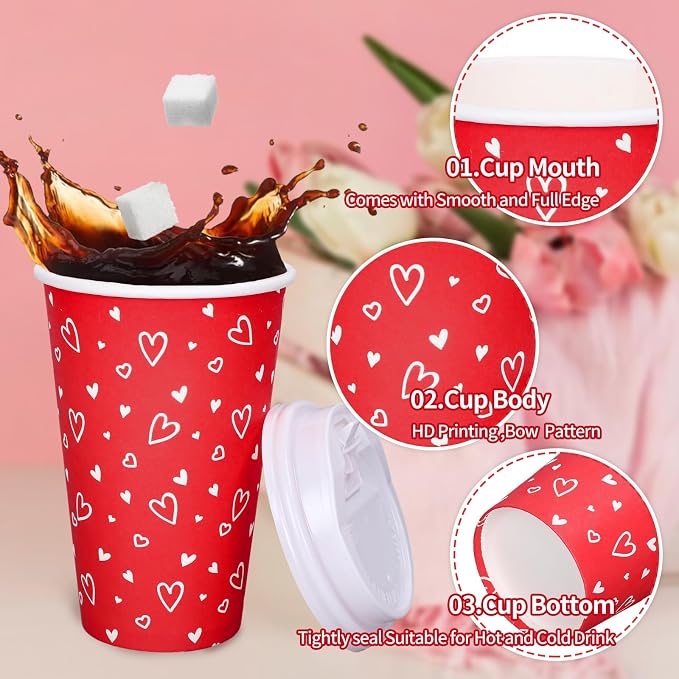 Whaline 50 Set Valentine's Day Red Heart Disposable Coffee Cups - Image 3
