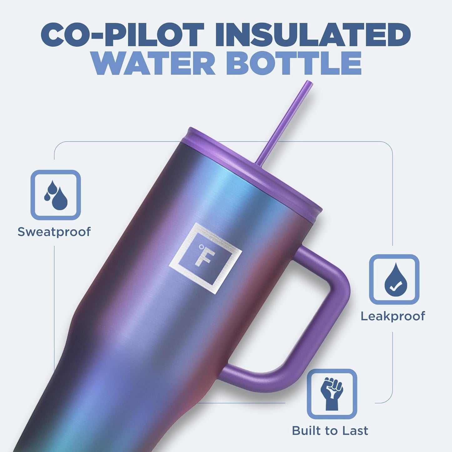 IRON °FLASK Co-Pilot Insulated Mug w/Straw & Flip Cap Lids - Cup Holder Bottle for Hot, Cold Drink - Leak-Proof - Water, Coffee Portable Travel Mug - Aurora, 32 Oz
