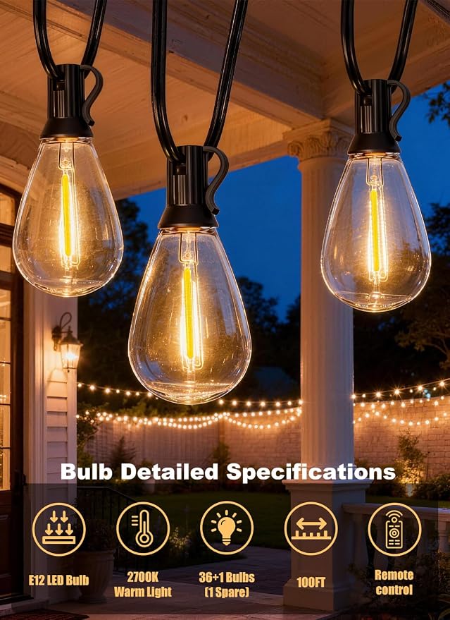 100FT Outdoor String Lights Waterproof, 36+1 Shatterproof S11 LED Bulbs - Image 3