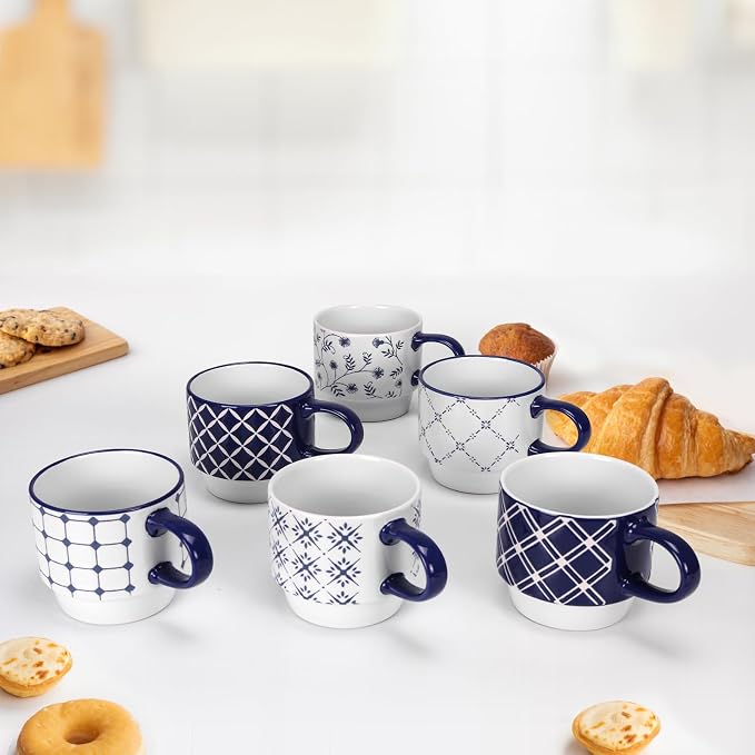 Schliersee 12 OZ Stackable Ceramic Coffee Mugs set of 6, Geometric Floral - Image 7