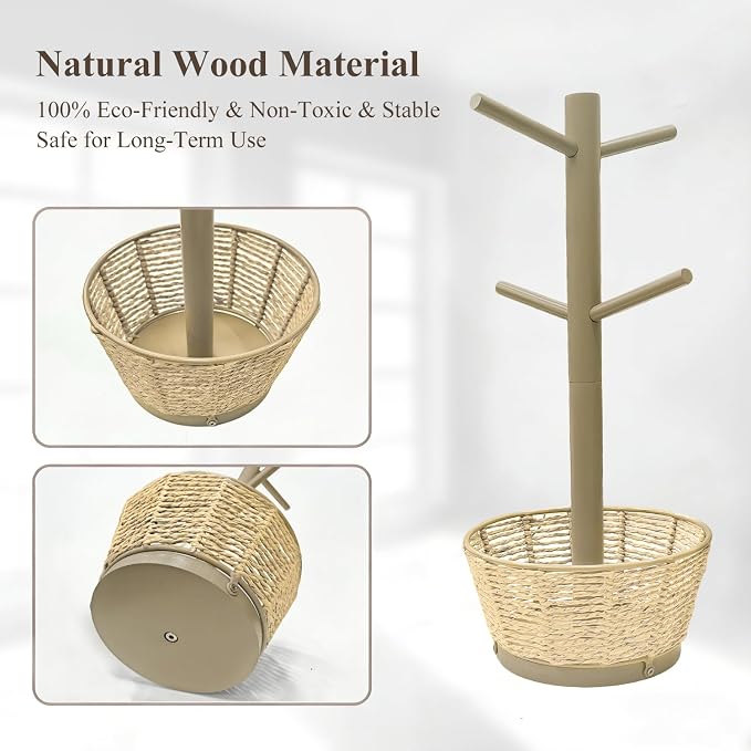 Wood Mug Holder Tree with Woven Basket, 4 Hooks Coffee Mug Holder, Countertop - Image 5