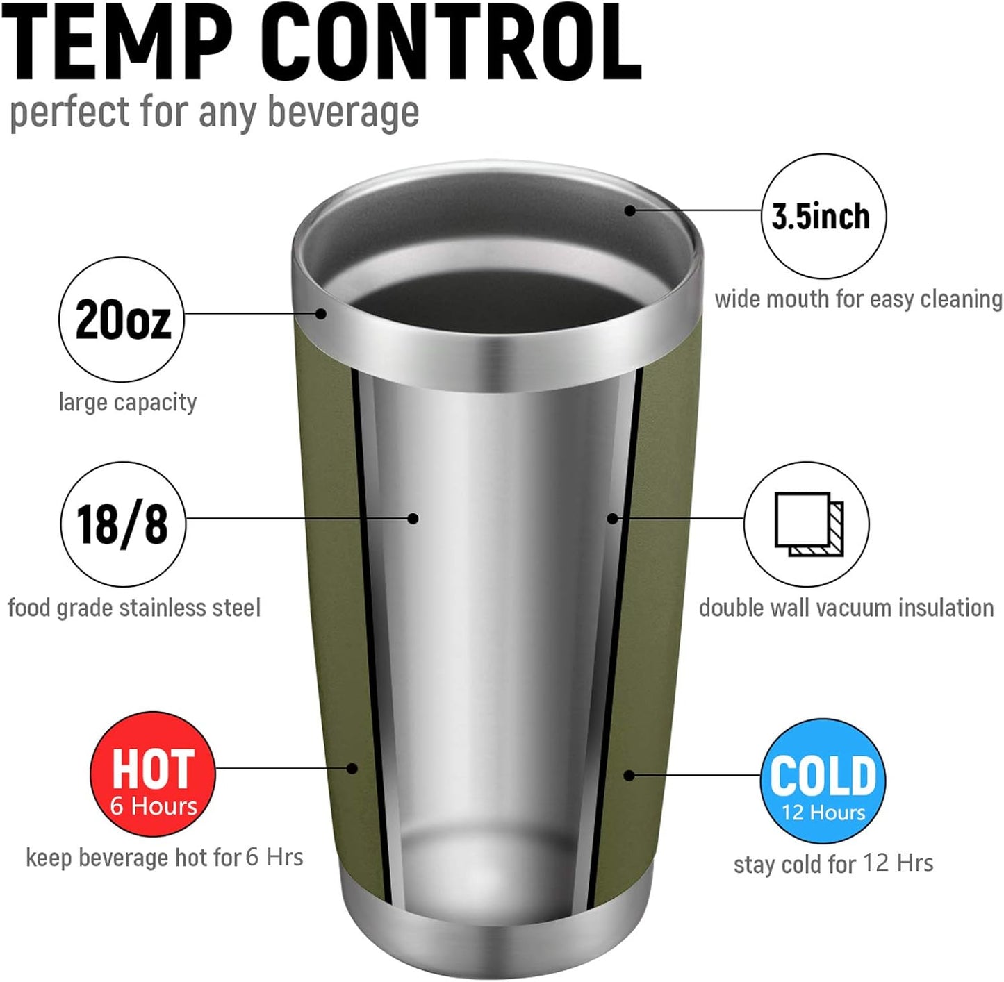 COMOOO 20oz Double Wall Vacuum Insulated Travel Mug, Stainless Steel Tumbler with Lid and Straw Durable Powder Coated Insulated Coffee Cup for Cold & Hot Drinks（Army Green, 1 Pack）