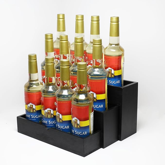 Black Wood Coffee Syrup Rack Organizer, 3-Tier Separated Bottle Holder by GOVOKOI