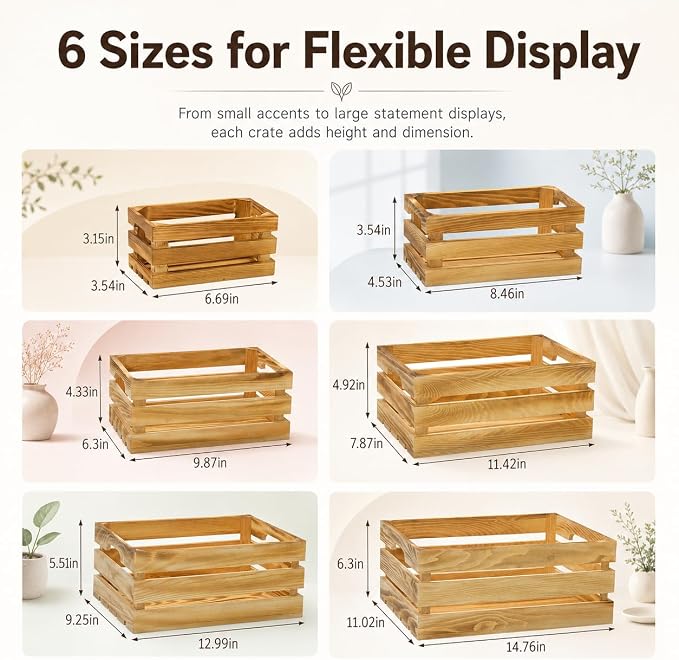 Wooden Crates for Display 6 Pack, Rustic Nesting Wooden Crate Set | 6 Size pine - Image 2