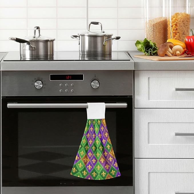 Dussdil Plaid Mardi Gras Kitchen Hanging Towel Fleur De Lis Masquerade Hand Tie - Image 2