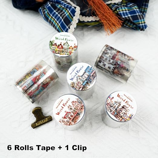 Weird House PET Tape Set with Clip, 6 Rolls of Vintage Town Stickers - Image 2