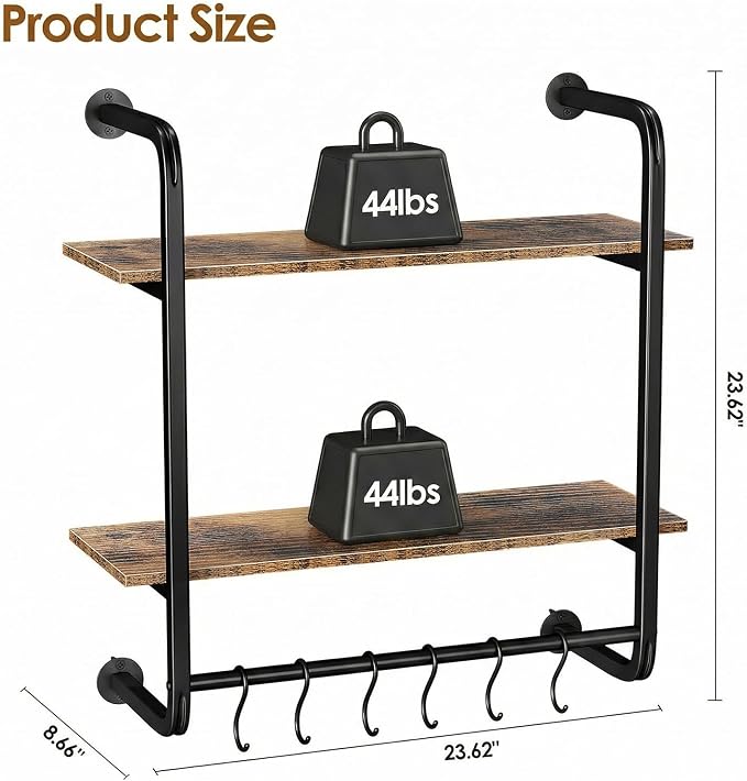 2 Tier Industrial Pipe Floating Shelf, Coffee Bar Shelves Display Bookshelf - Image 2