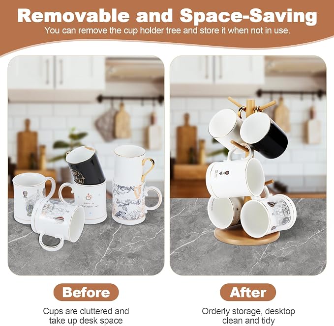 Bamboo Mug Tree Holder, Upgraded Screw Type 6 Hooks Coffee Mug Holders - Image 2