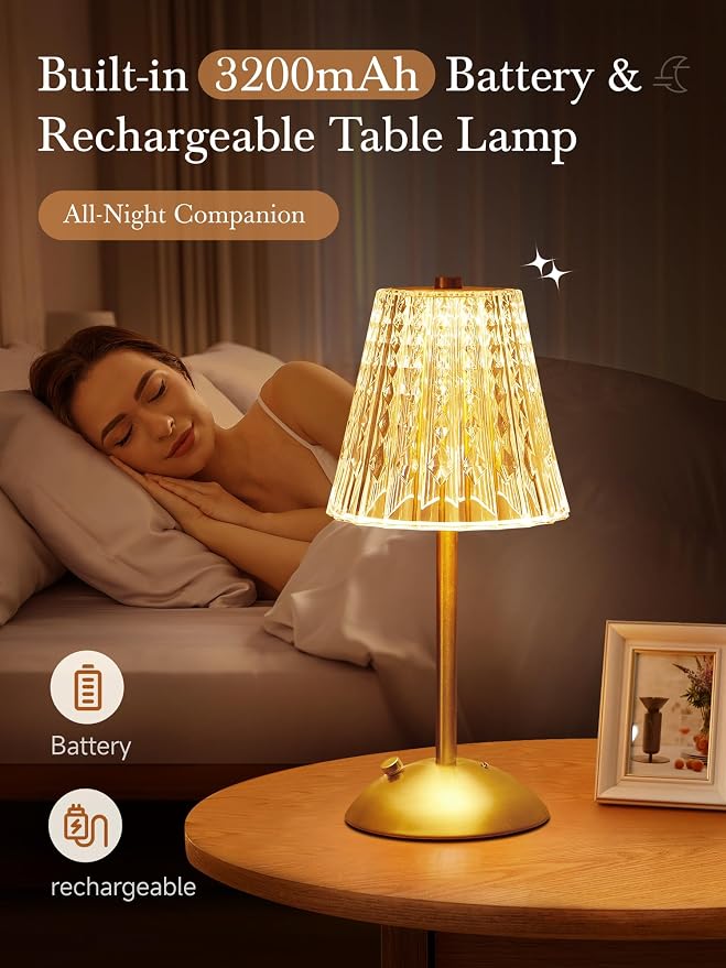 【3200mAh】Brass Table Lamp, 3 Colors+Dimmable+Touch Crystal Lamp LED Gold Lamp - Image 2