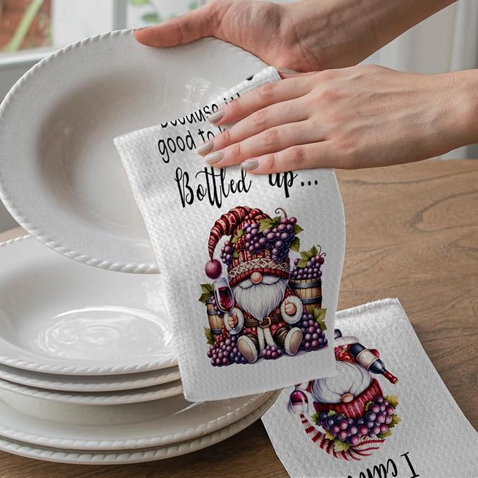 Gnomes Wine Kitchen Hand Towels Set of 2, Wine Dish Tea Towels - Image 2