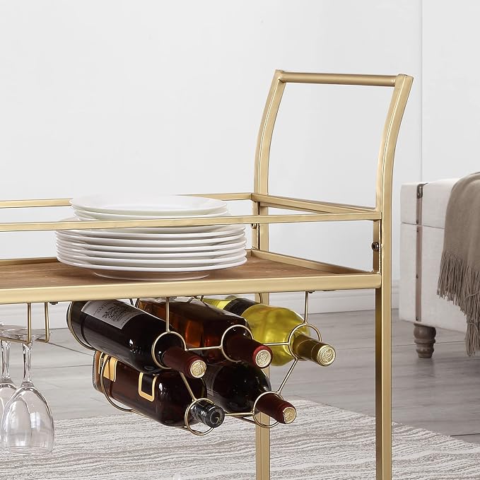 FirsTime & Co. Gold and Brown Francesca Bar Cart, 2 Tier Mobile Mini Bar - Image 3