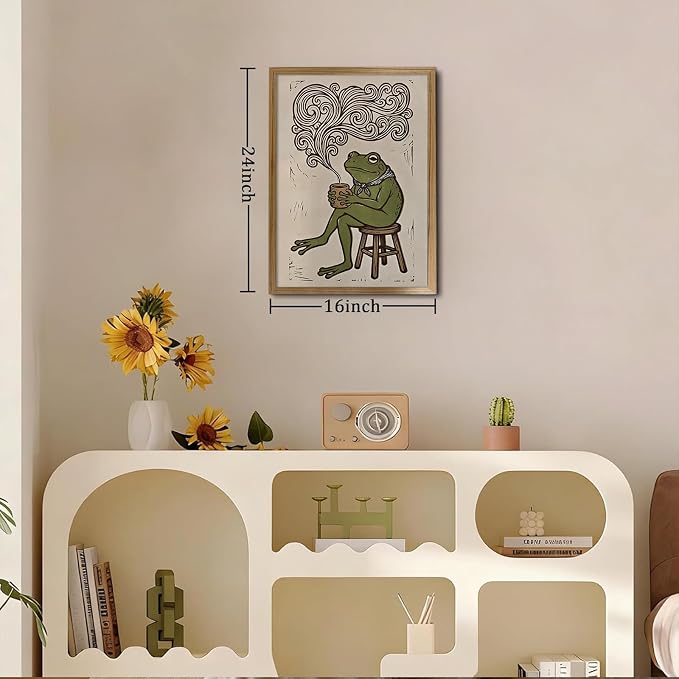 JQ7OL Whimsical Wall Art Frog Drinking Coffee Wall Art Wood Framed Funny - Image 3