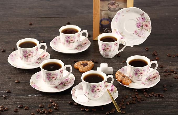 GuangYang 2.5 oz Porcelain Espresso Cups and Saucers Set – Floral Design - Image 5