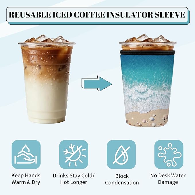 Beach Wave Iced Coffee Cup Sleeve 3 Pack, Ocean Reusable Neoprene Holder - Image 5