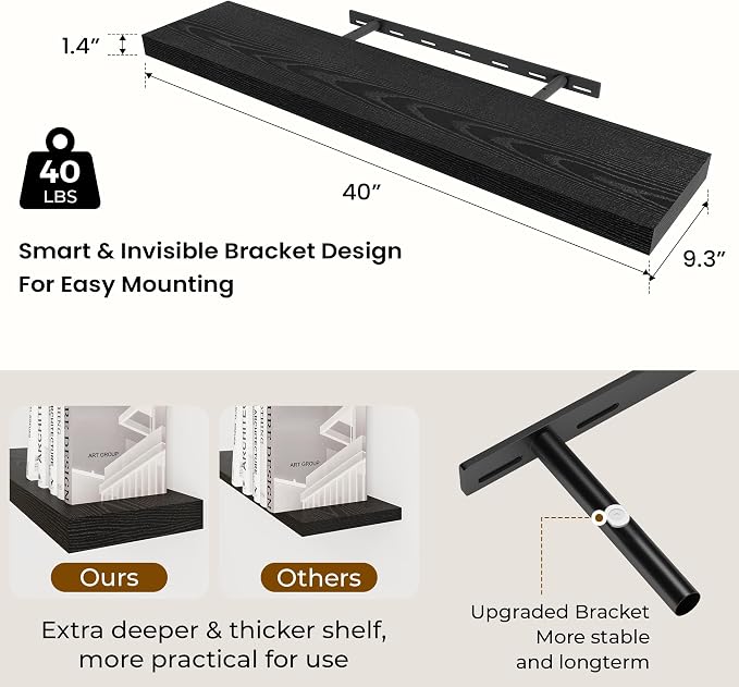 Dreamland 40 Inch Long Floating Shelves in Black, 9.3 Inch Deep Floating Shelf - Image 3