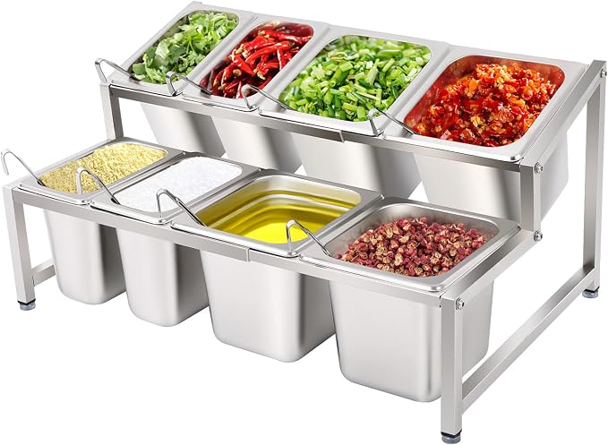 Expandable Spice Rack with Lids and Spoons, 2-Tier Stainless Steel Organizer by Unknown