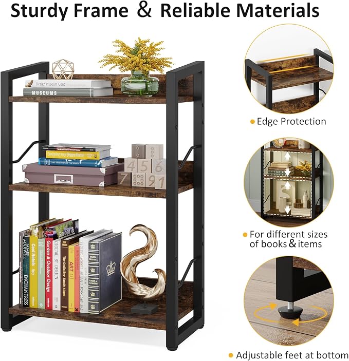 Hosfais Book Shelf Small Bookshelf: 3-Tier Wood Bookcase Industrial Bookshelf - Image 9