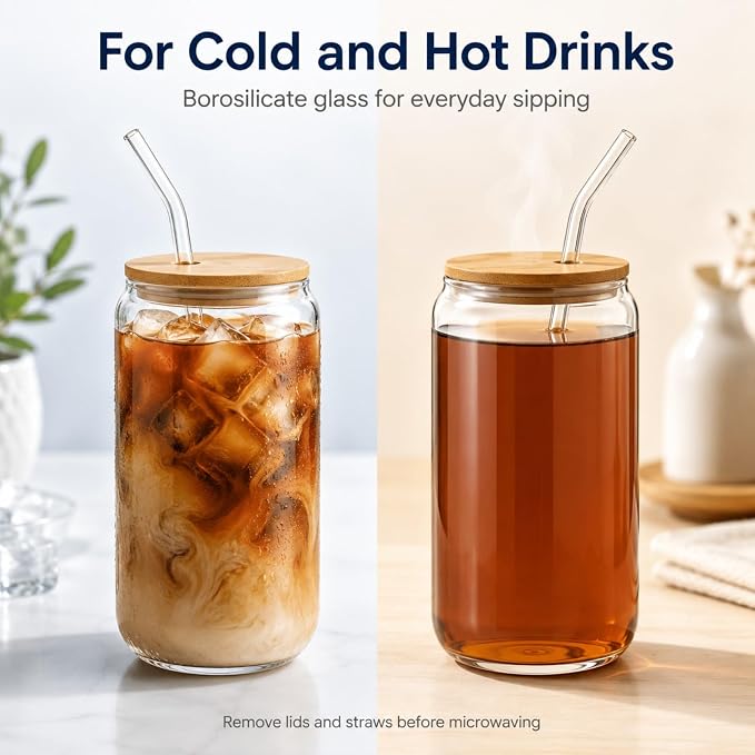 Glass Cups with Lids and Straws 2 Pack, 16 oz Iced Coffee Cups with Bamboo Lids - Image 3