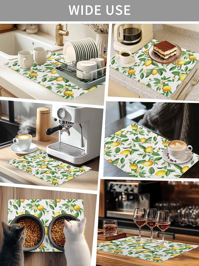 Lemon with Coffee Mat Green Leaves Flowers Absorbent Bar Mat - Image 8