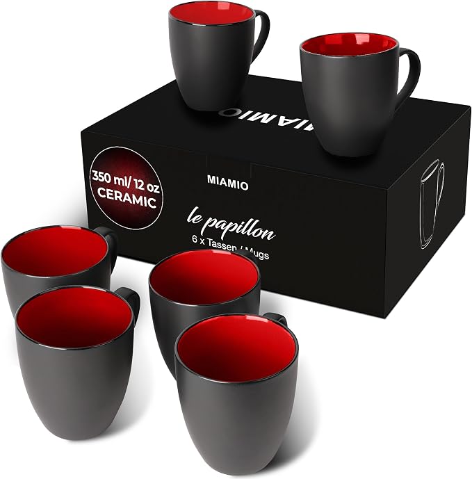 MIAMIO - Set of 6 Coffee Mugs 12 oz, Modern Ceramic Coffee Cup Set, Large Mugs by MIAMIO