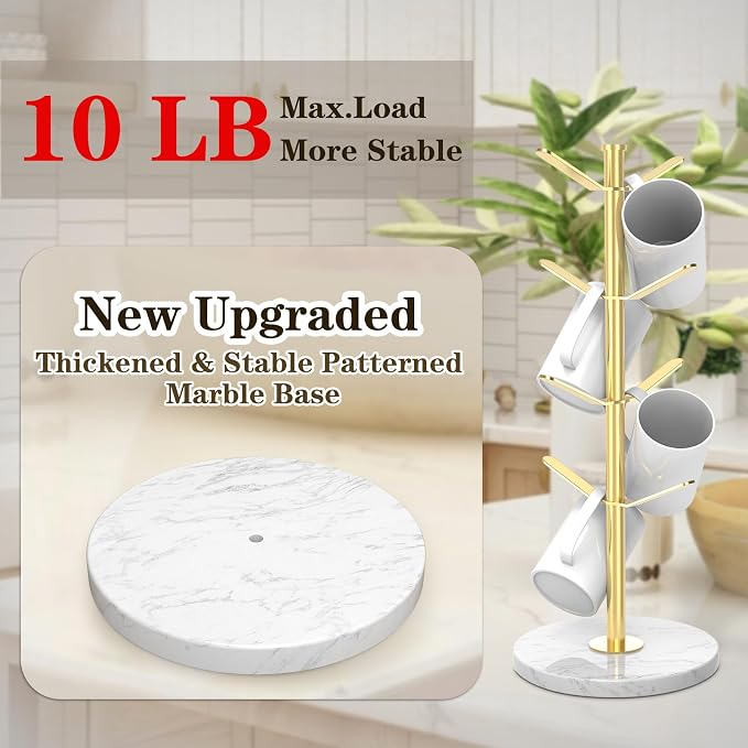 Marble Mug Holder Tree with 8 Hooks, Stainless Steel Coffee Cup Holder - Image 2