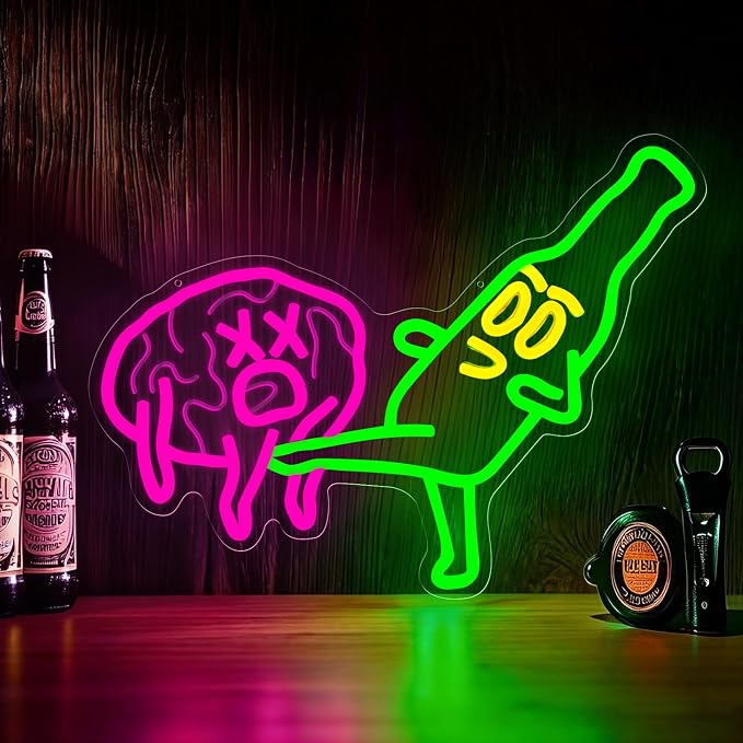 Beer Neon Sign for Wall Decor, Funny Beer Bottle Kicks the Brain, Dimmable Bar by Mvorixa