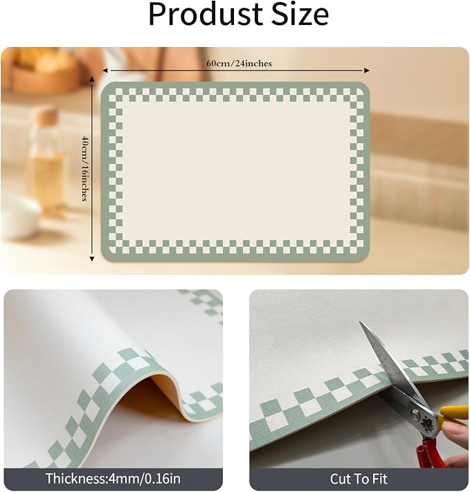 2PCS Non-slip Dish Drying Mats Black Sage Beige Checkered Coffee Bar Mat - Image 3