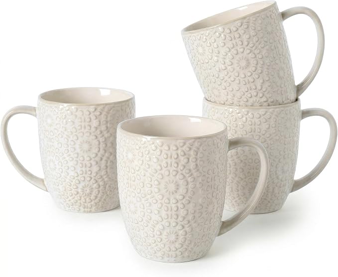 Coffee Mug Set of 4, 16 oz Ceramic Coffee Mugs, Large Embossment Cups, Vintage by FEENMAICeramicHome