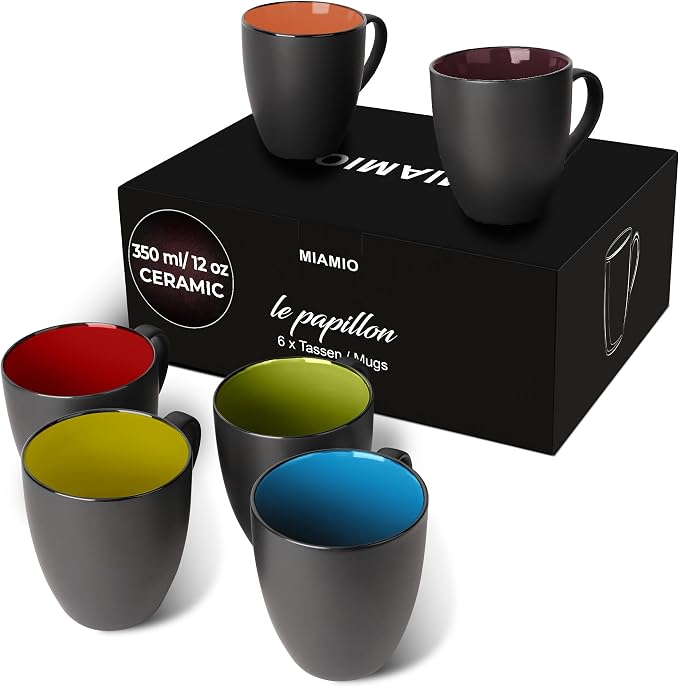 MIAMIO - Set of 6 Stoneware Coffee Mugs 12 Ounce/Cup Set - Le Papillon by MIAMIO