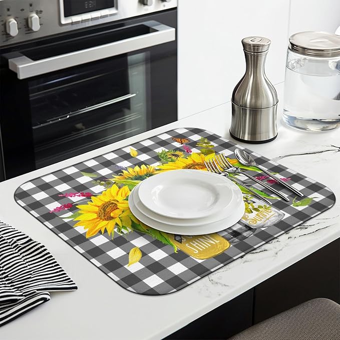 Sunflower Dish Drying Mat for Kitchen Counter, Washable Absorbent Kitchen - Image 4