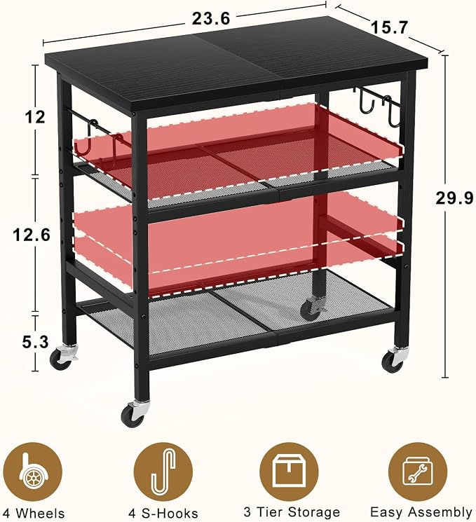 Rolling Kitchen Microwave Cart, 3 Tier Microwave Stand - Image 3