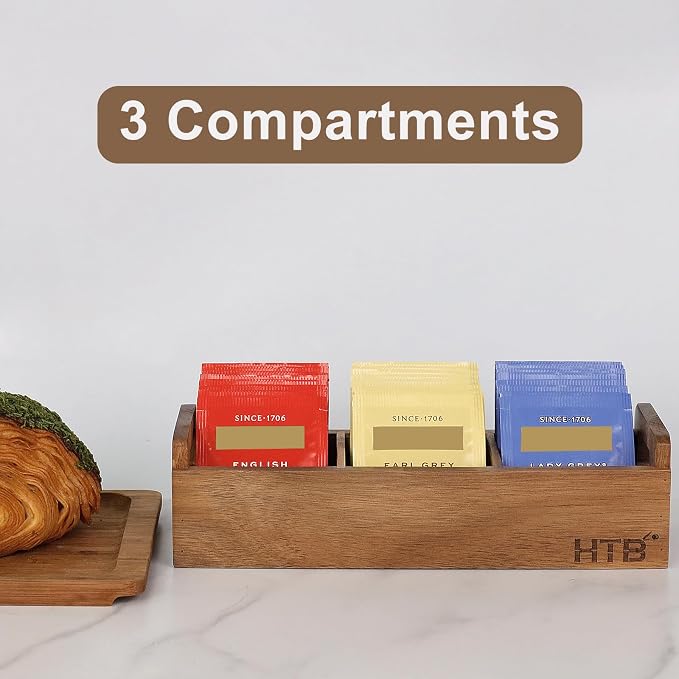 HTB Small Wooden Tea Bag Box 2PCS, 3 Compartments Acacia Wood Tea Bag Chest - Image 6