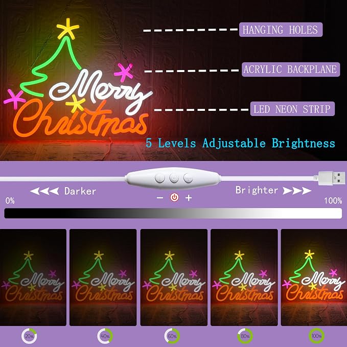 Merry Christmas Neon Sign for Wall Decor, Christmas Tree Neon Light USB - Image 3