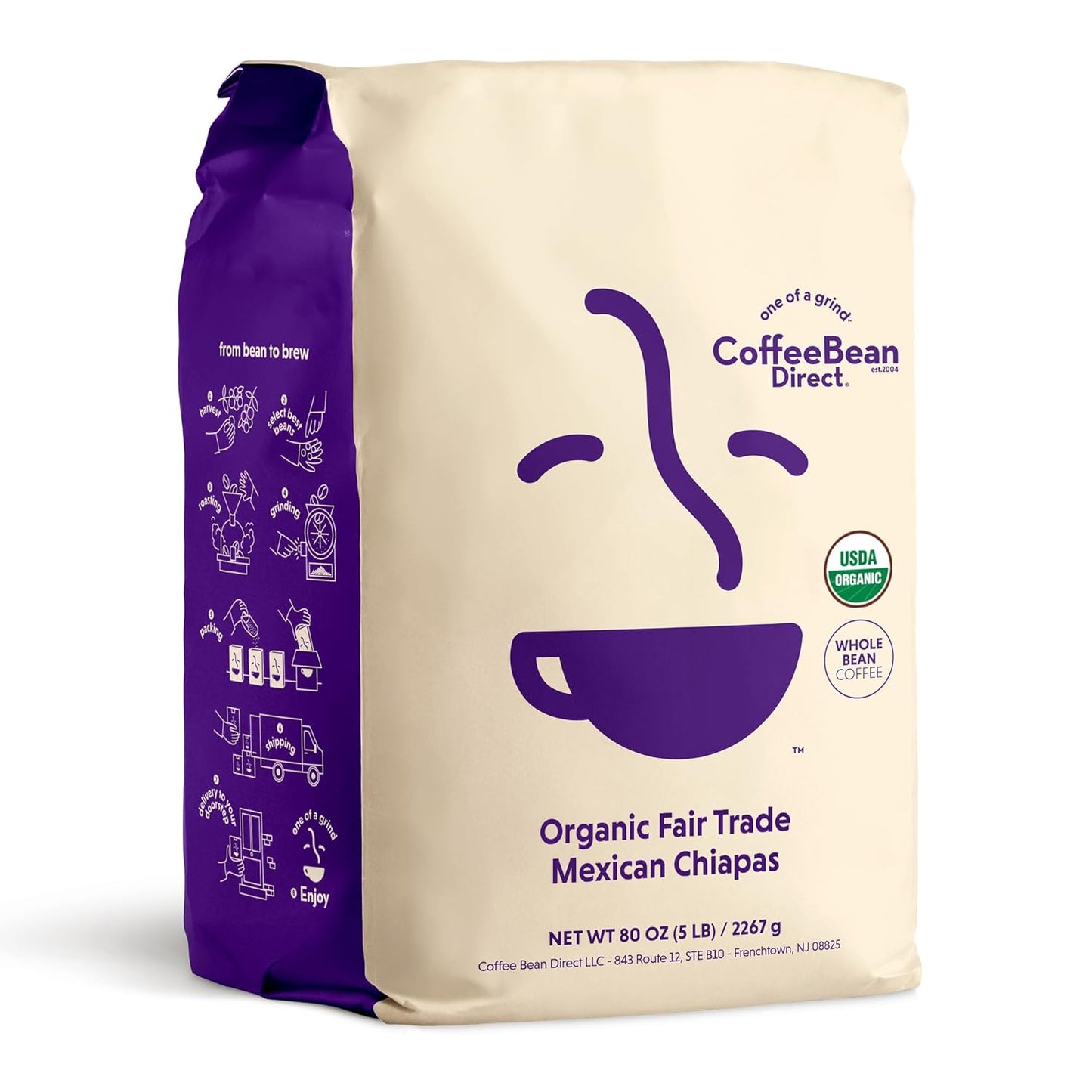 Coffee Bean Direct Organic Fair Trade Mexican Chiapas, Whole Bean Coffee, Light Roast, 5 Pound Bag (Pack of 1)