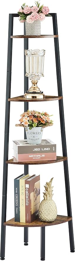 Hoctieon Corner Shelf, 4-Tier Corner Bookshelf, Rustic Ladder Shelf, Industrial - Image 5
