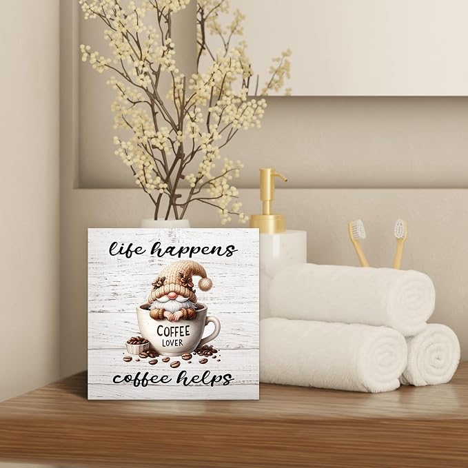 Rustic Coffee Gnomes Wood Box Sign Desk Decor, Life Happens Coffee Helps Funny - Image 4
