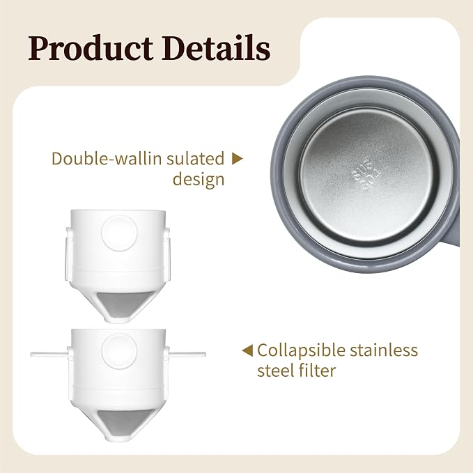 Pour Over Coffee Maker Set 16oz Stainless Steel Insulated Mug Foldable Filter - Image 5