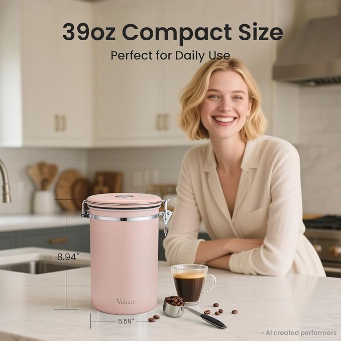 Veken Coffee Canister, 39OZ Large, Airtight Stainless Steel Food Storage - Image 2