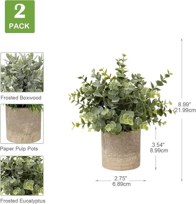 Briful Artificial Potted Plants Set of 2 Small Faux Plant Eucalyptus Mini Fake - Image 2