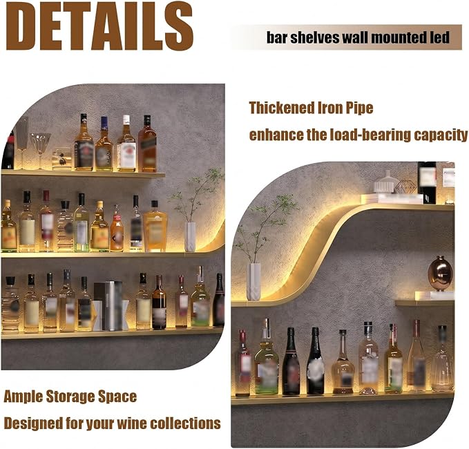 Wall Mounted Wine Rack with LED Lights, Modern Curved Design Floating Bar - Image 5