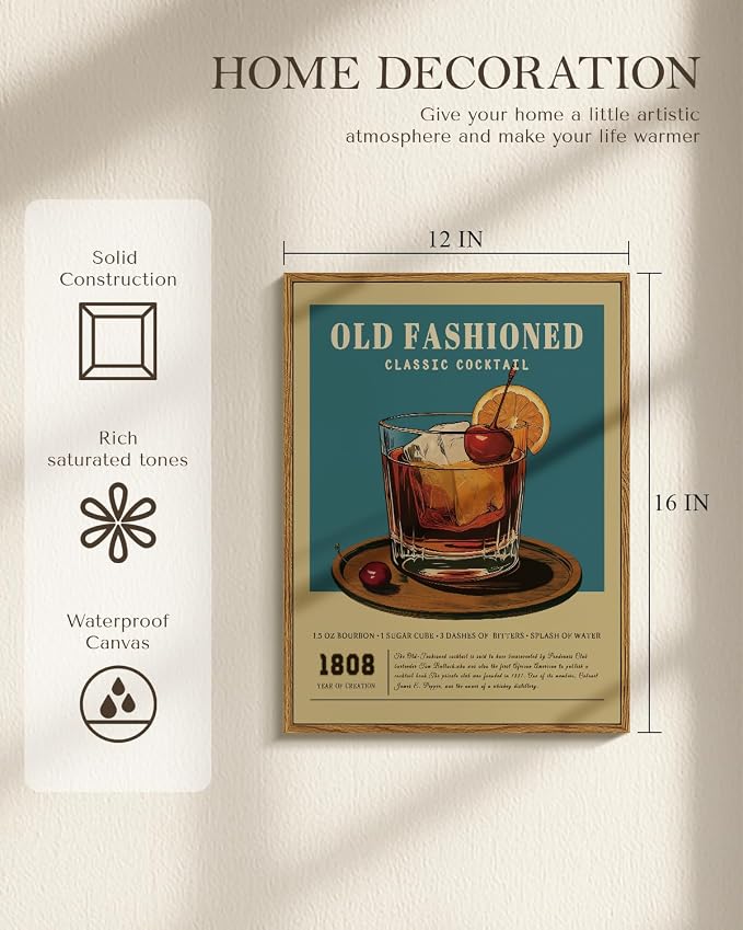 Vintage Old Fashioned Cocktail 12x16 Inch Framed Canvas Wall Art, Retro 1808 - Image 4