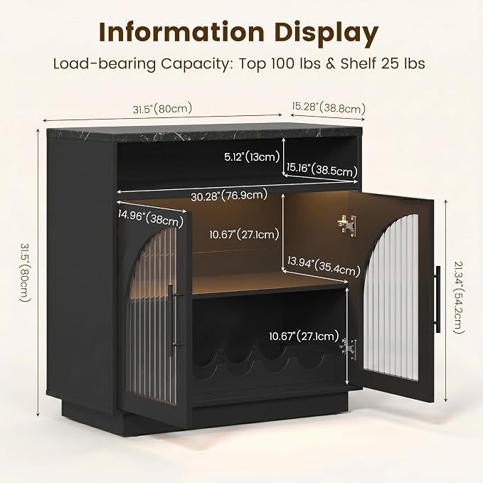 Coffee Bar Cabinet with Storage and LED Lights, Entryway Accent Cabinet | 31.5" - Image 2