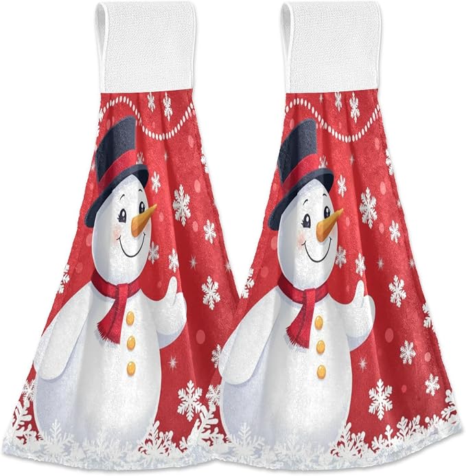 Christmas Winter Snowman Kitchen Hanging Towel Red Snowflakes Hand Fingertip by Dussdil
