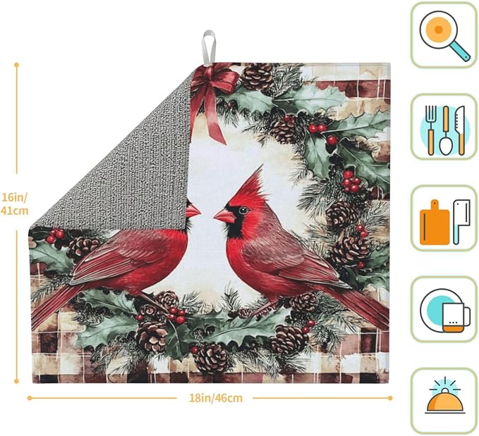 Large Dish Drying Mat Two Cardinal Wreath Red Bow Pinecones Red Berries Plaid - Image 5