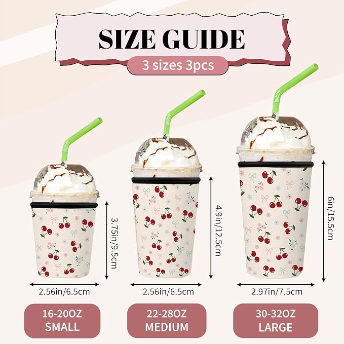 Cute Cherry Bow Iced Coffee Cup Sleeve 3 Pack, Sweet Feminine Reusable Neoprene - Image 3