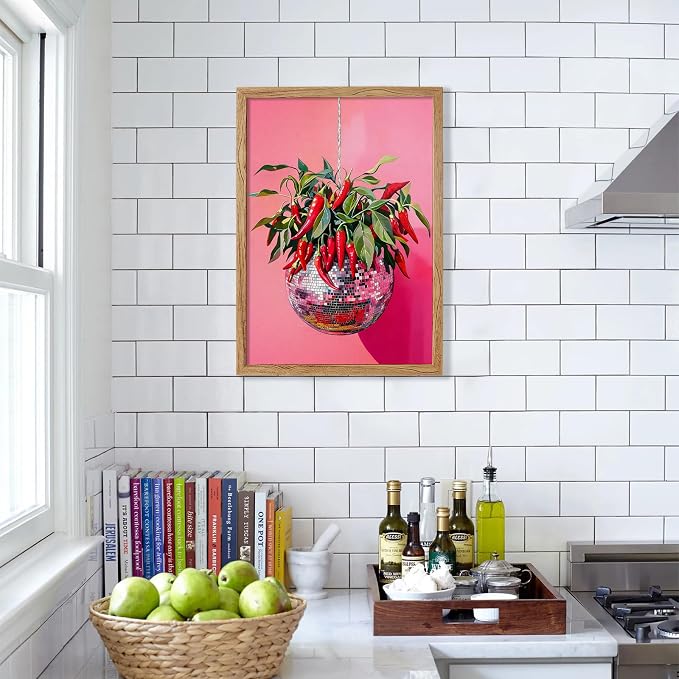 Framed Disco Ball With Red Chili Pepper Wall Art 16x20 inch Funky Whimsical - Image 6