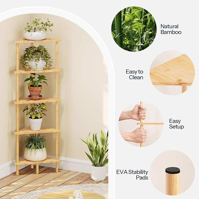 HOOBRO Corner Shelf Stand, 5-Tier Bamboo Corner Bookshelf, Plant Display Shelf - Image 4