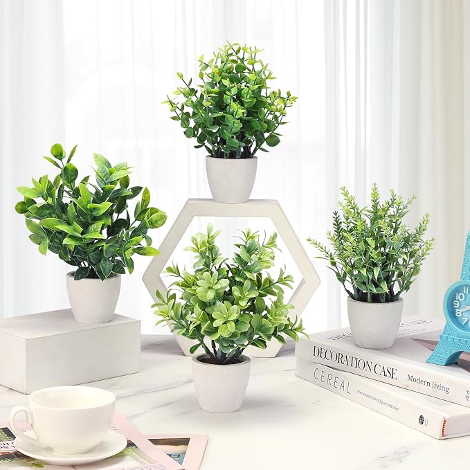 FAVOWREATH 4 Pack Fake Plants Ceramic Mini Artificial Greenery Potted Plants - Image 2